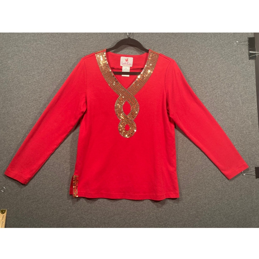 Quacker Factory Red Sequin V-Neck Long Sleeve Cotton Top‎ Medium 0145